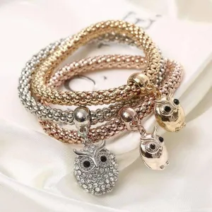 Charming Owl Tri-Color Austrian Crystal Stretch Bracelet Set