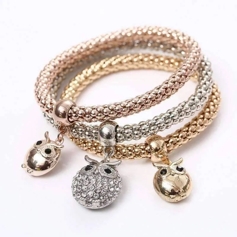 Charming Owl Tri-Color Austrian Crystal Stretch Bracelet Set