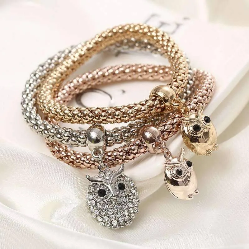 Charming Owl Tri-Color Austrian Crystal Stretch Bracelet Set