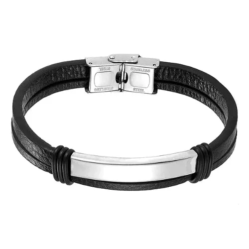 Classy Men Silver Bar Leather Bracelet