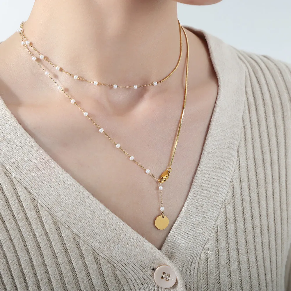 Cold Elegance: Pearl Titanium Steel Pendant Clavicle Chain Necklace Jewelry