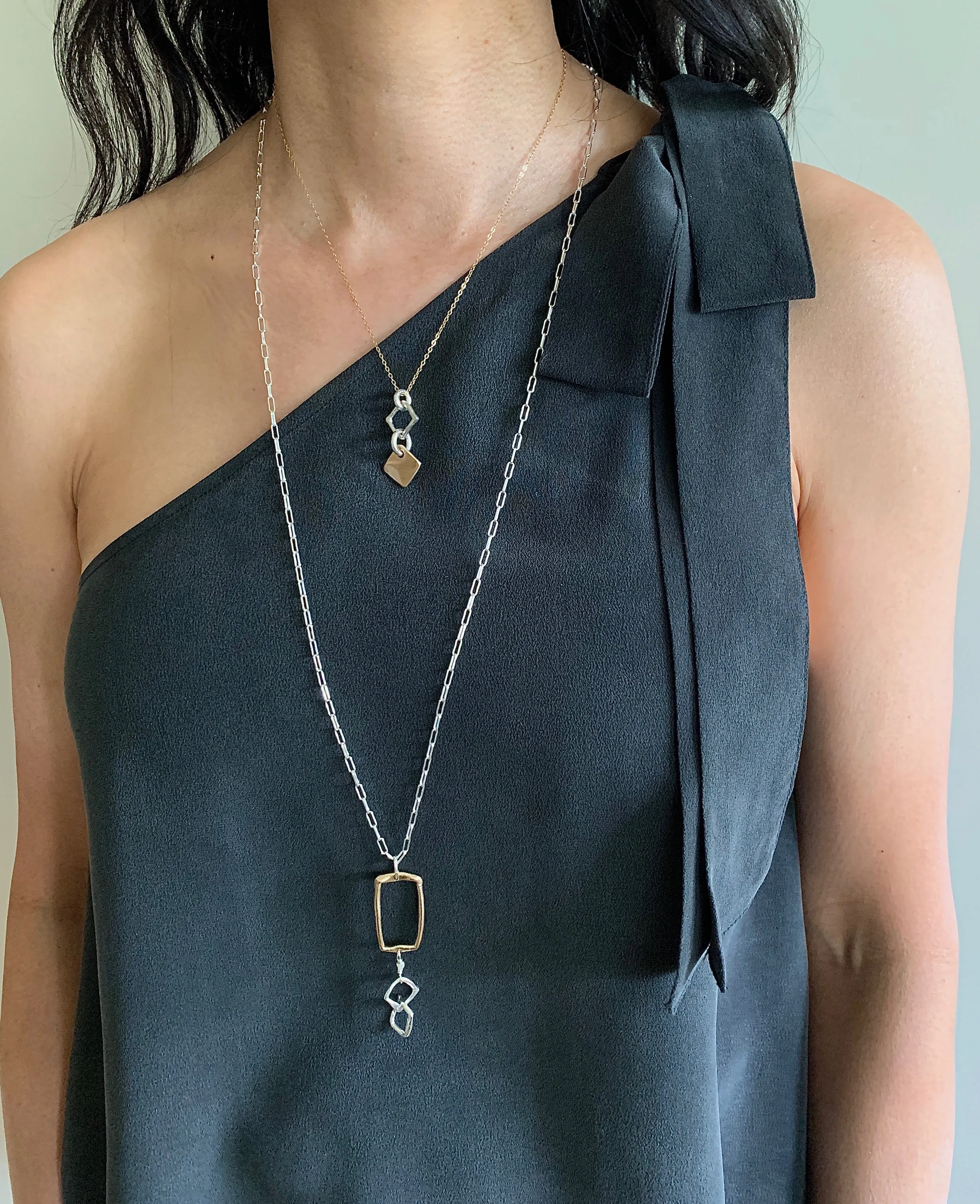 Contour Collection:  Bronze Rectangle & Silver Square Long Necklace