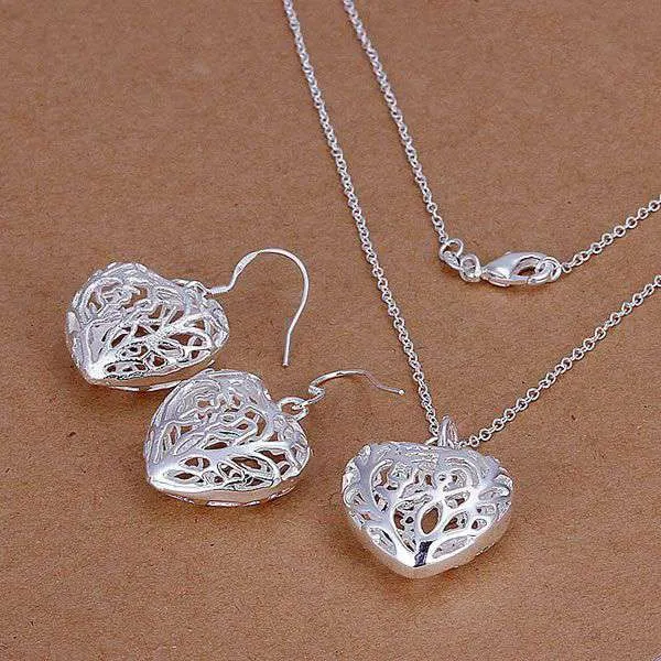 Cut Out Fancy Puffed Heart Necklace and Earrings Set