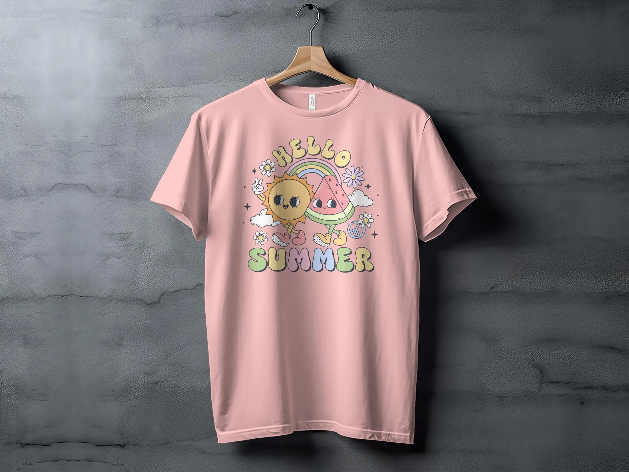 Cute Hello Summer T-Shirt with Sun, Watermelon, and Rainbow Design, Graphic Tee for Adults