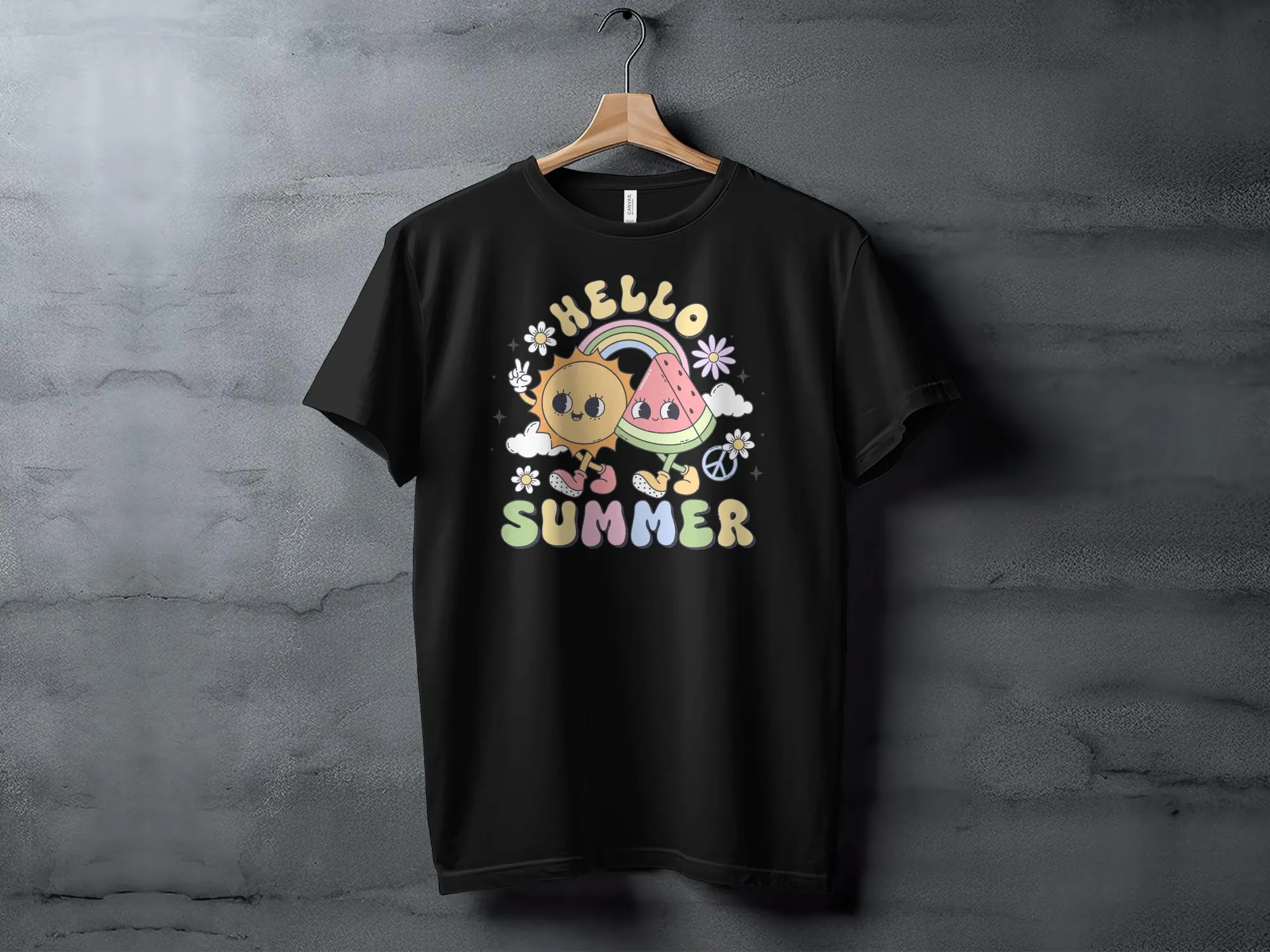 Cute Hello Summer T-Shirt with Sun, Watermelon, and Rainbow Design, Graphic Tee for Adults