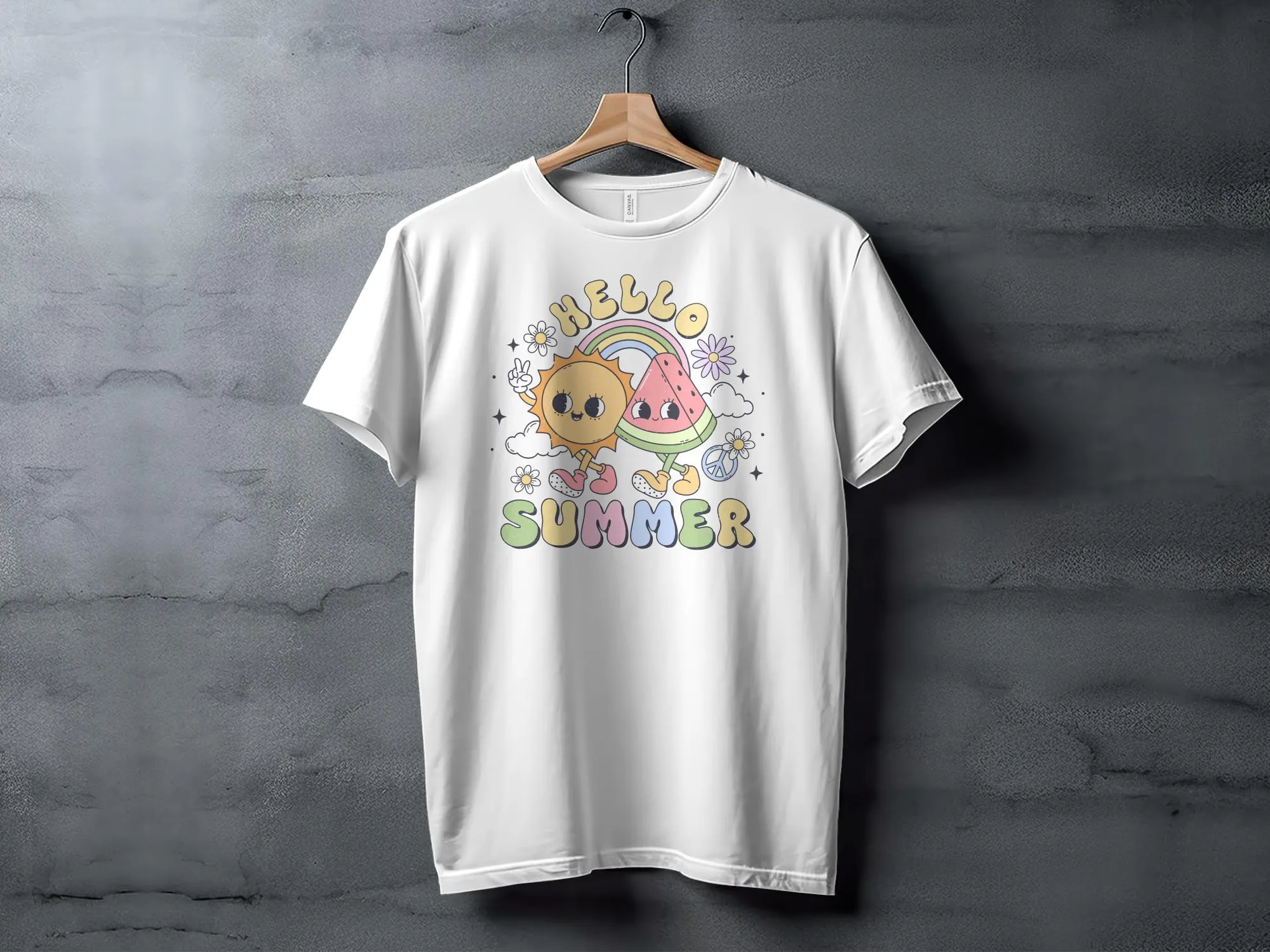 Cute Hello Summer T-Shirt with Sun, Watermelon, and Rainbow Design, Graphic Tee for Adults