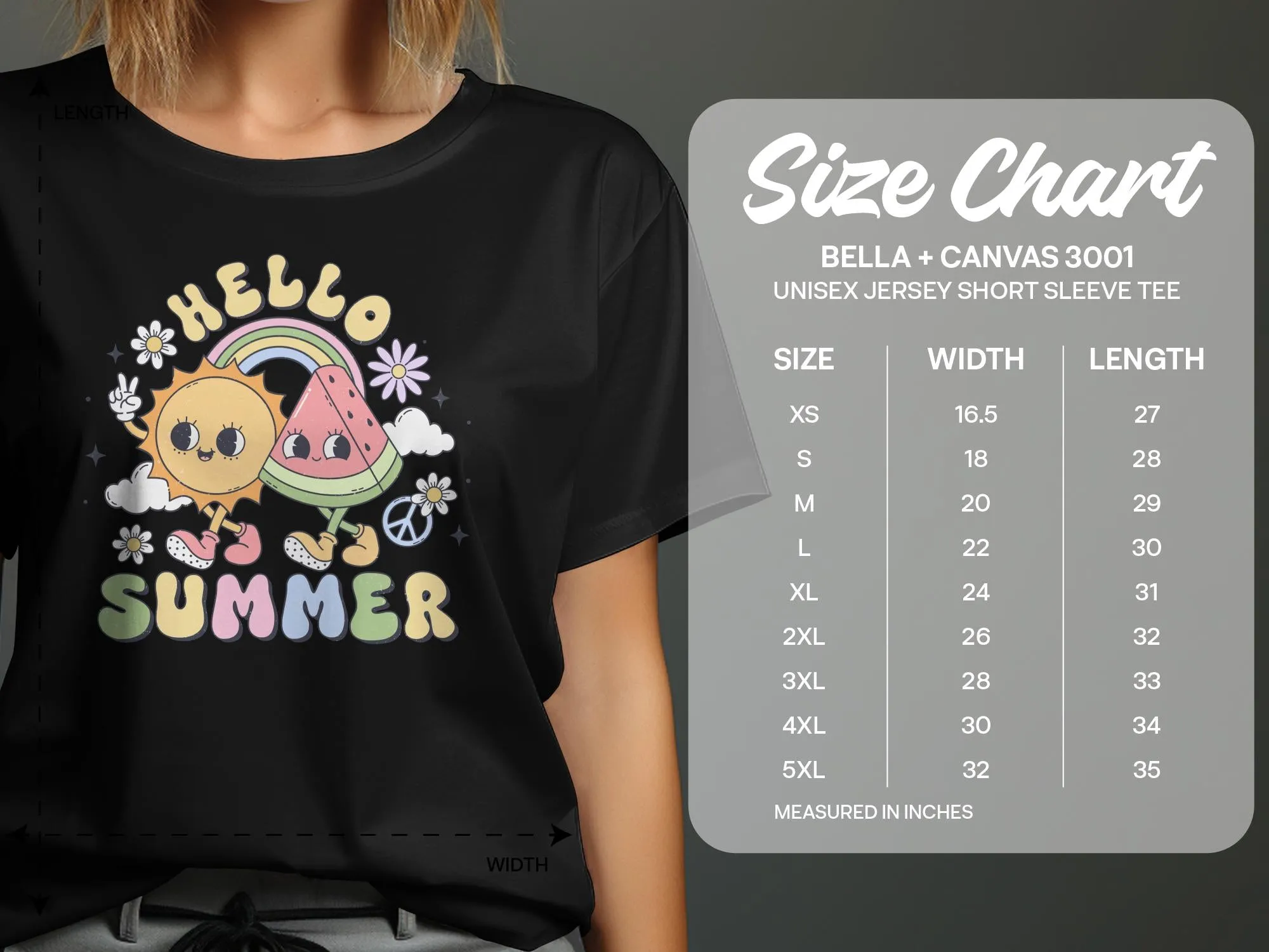 Cute Hello Summer T-Shirt with Sun, Watermelon, and Rainbow Design, Graphic Tee for Adults