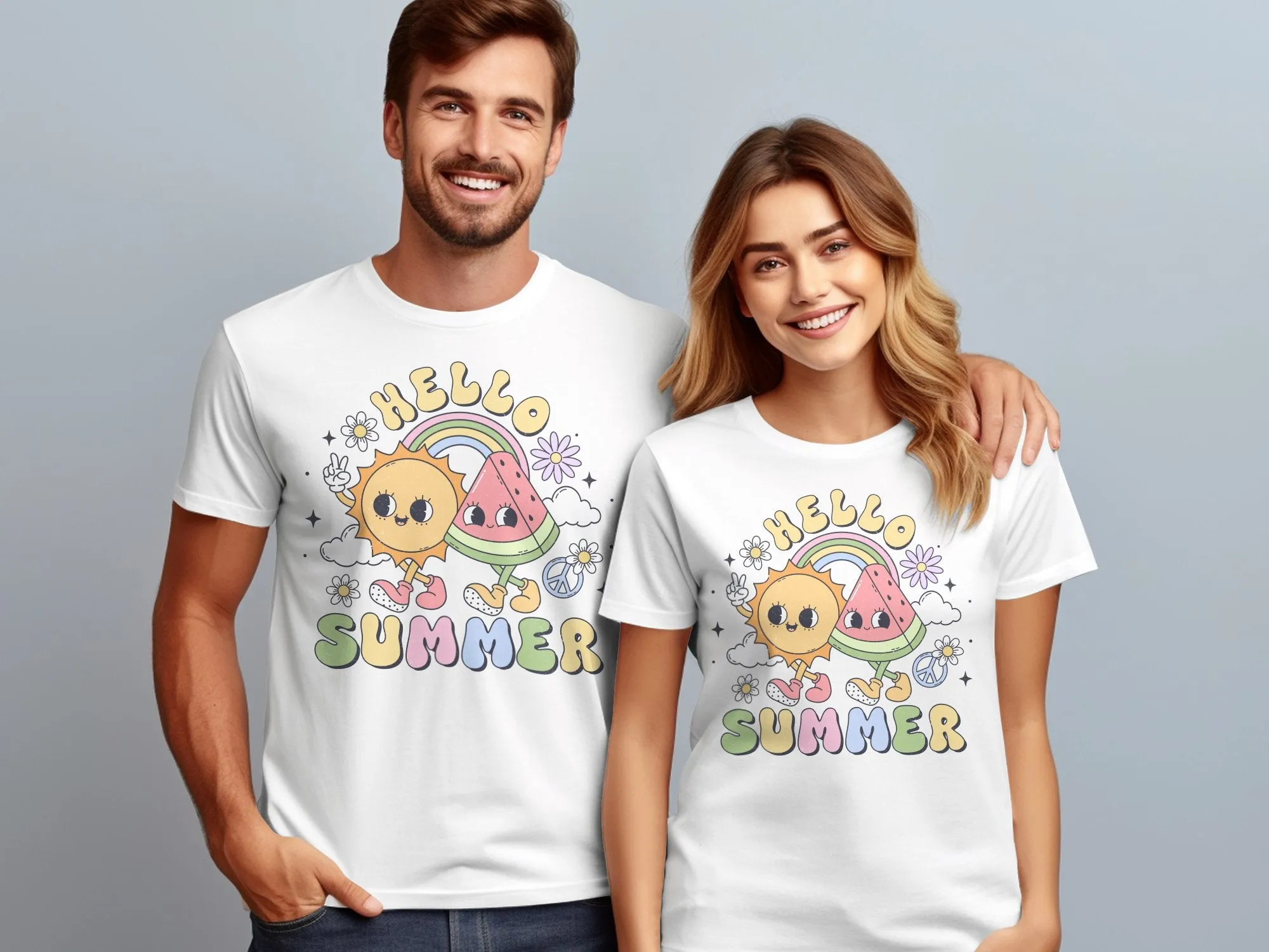 Cute Hello Summer T-Shirt with Sun, Watermelon, and Rainbow Design, Graphic Tee for Adults