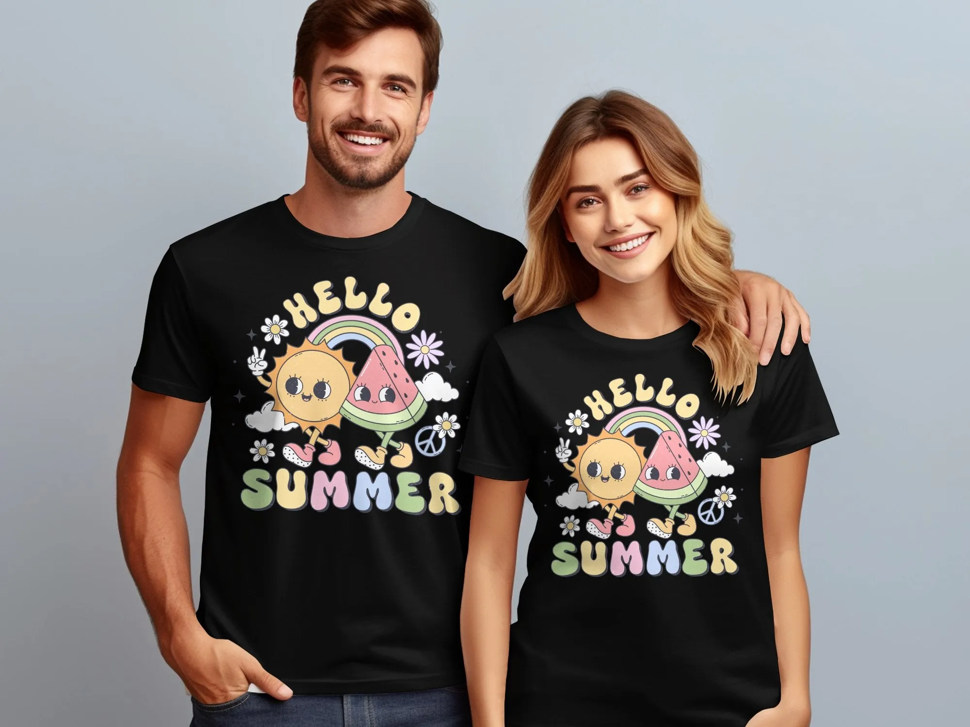 Cute Hello Summer T-Shirt with Sun, Watermelon, and Rainbow Design, Graphic Tee for Adults