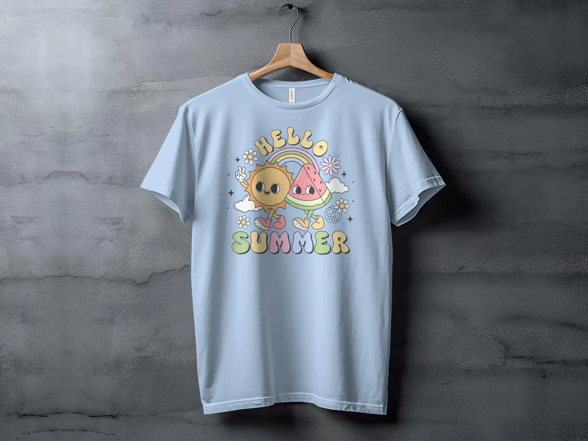 Cute Hello Summer T-Shirt with Sun, Watermelon, and Rainbow Design, Graphic Tee for Adults