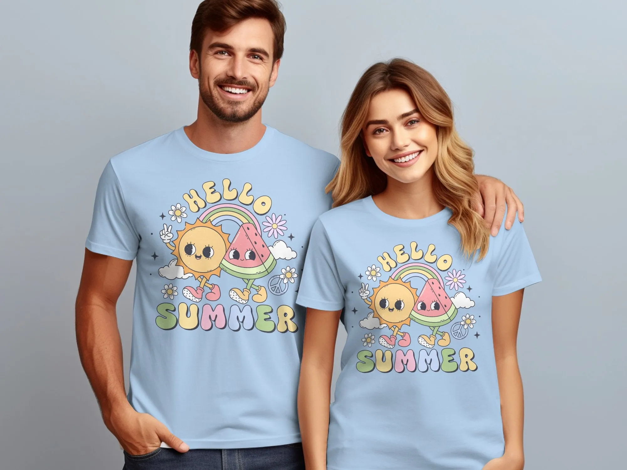 Cute Hello Summer T-Shirt with Sun, Watermelon, and Rainbow Design, Graphic Tee for Adults