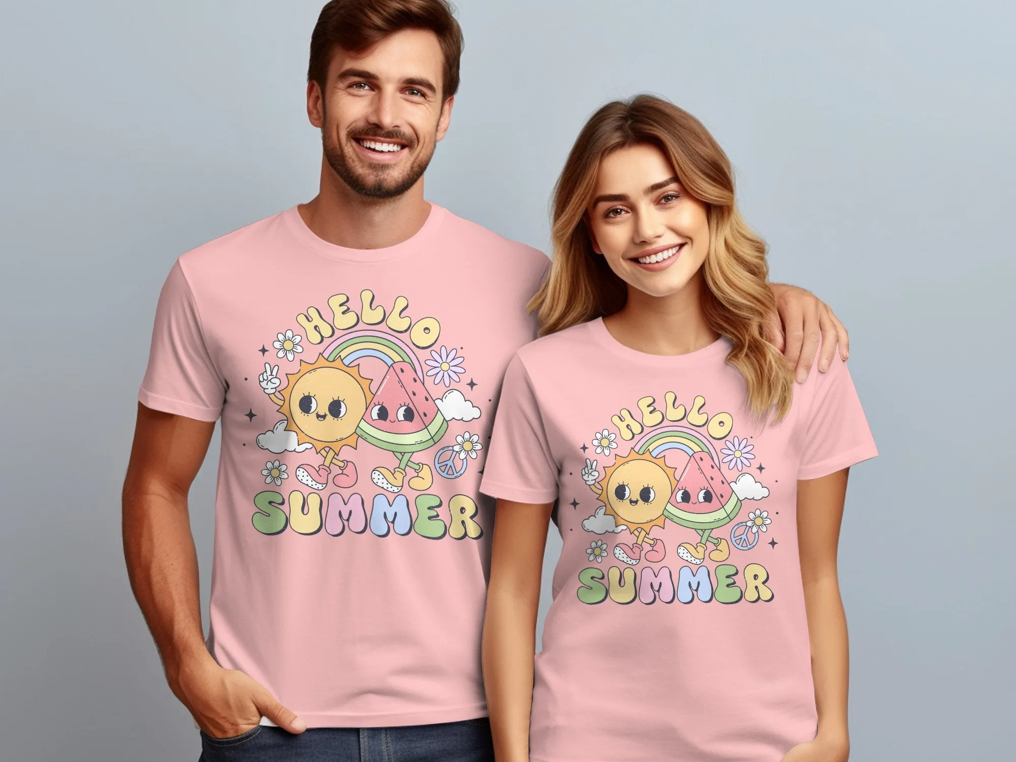 Cute Hello Summer T-Shirt with Sun, Watermelon, and Rainbow Design, Graphic Tee for Adults