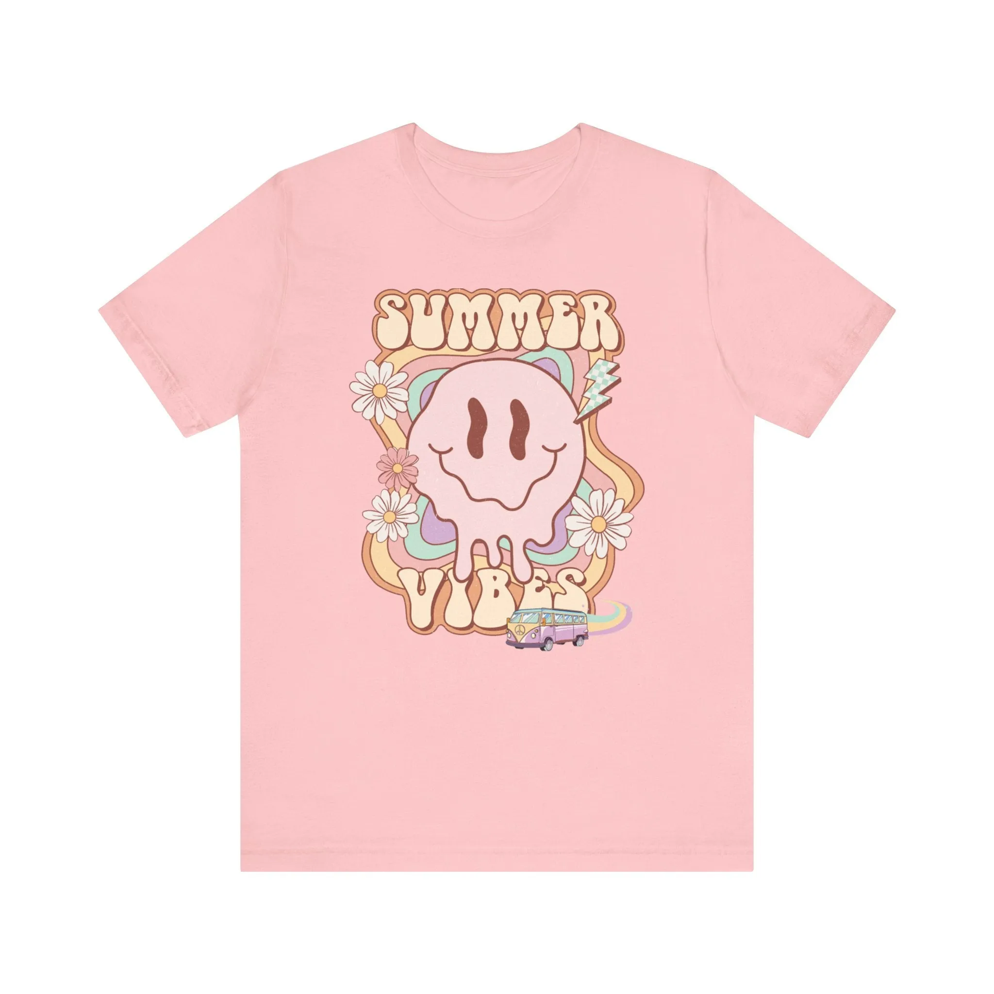 Cute Summer Vibes T-Shirt, Cartoon Sun and Flowers, Casual Beachwear Tee, Pastel Colors, Unisex Graphic Shirt, Retro Van