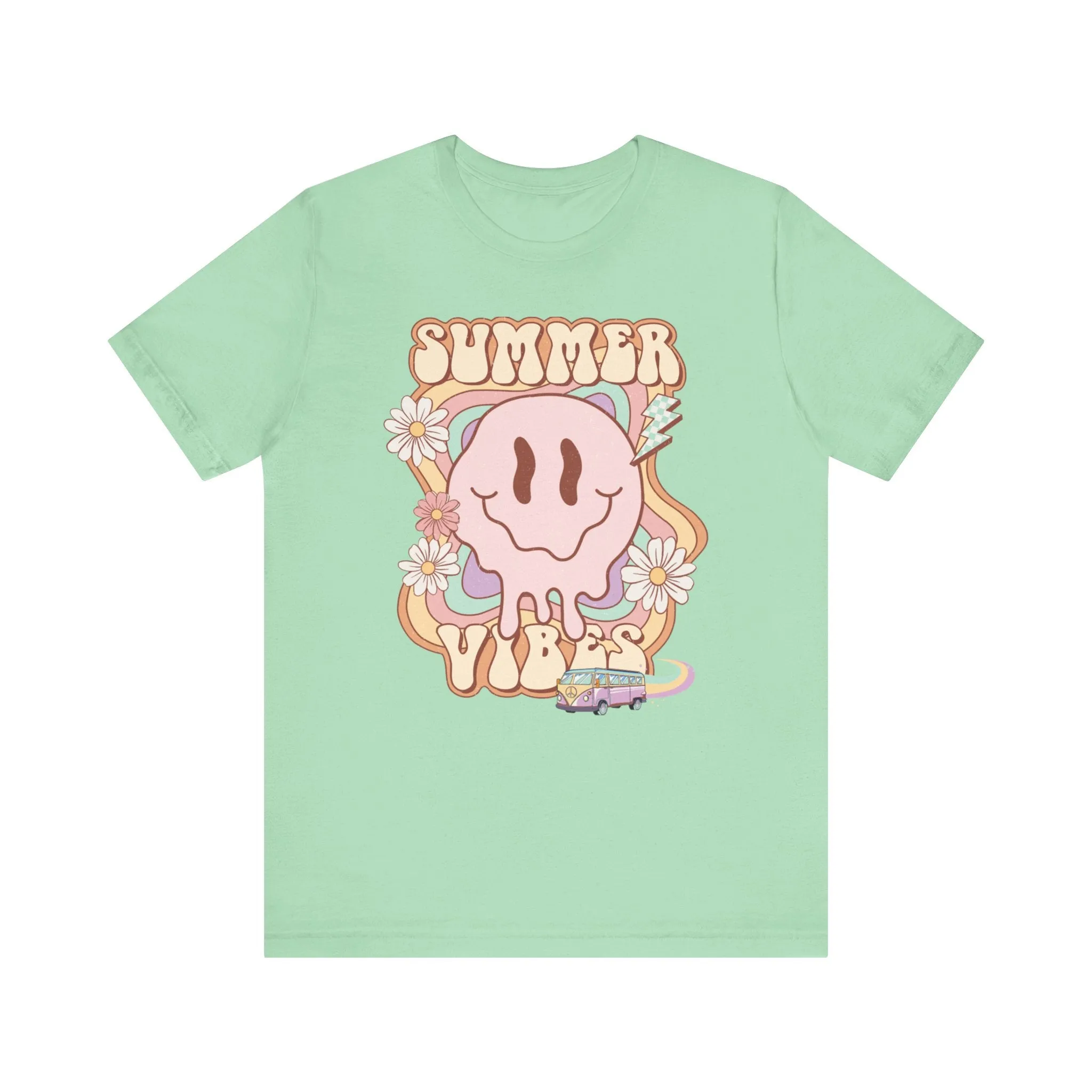 Cute Summer Vibes T-Shirt, Cartoon Sun and Flowers, Casual Beachwear Tee, Pastel Colors, Unisex Graphic Shirt, Retro Van