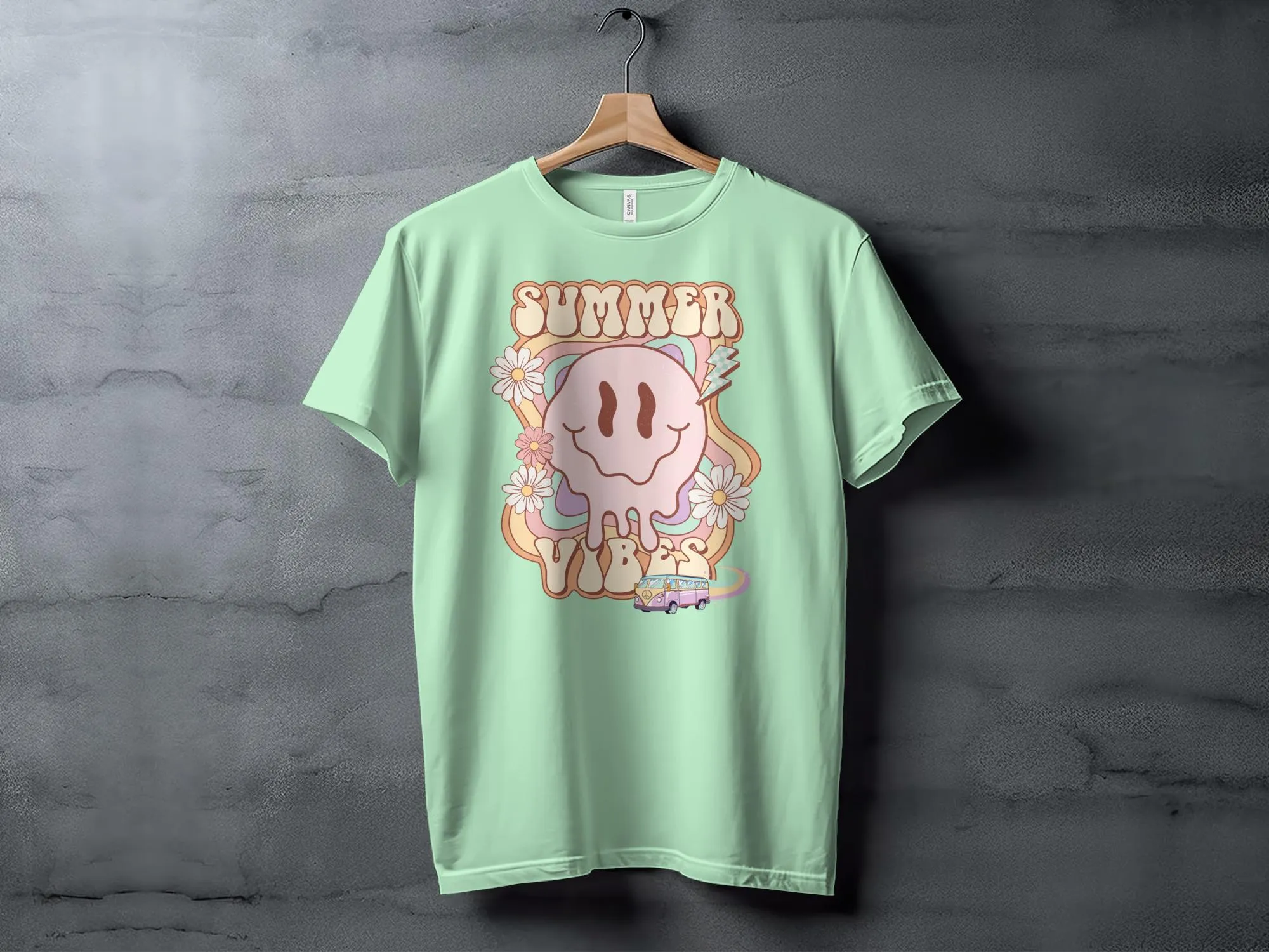 Cute Summer Vibes T-Shirt, Cartoon Sun and Flowers, Casual Beachwear Tee, Pastel Colors, Unisex Graphic Shirt, Retro Van