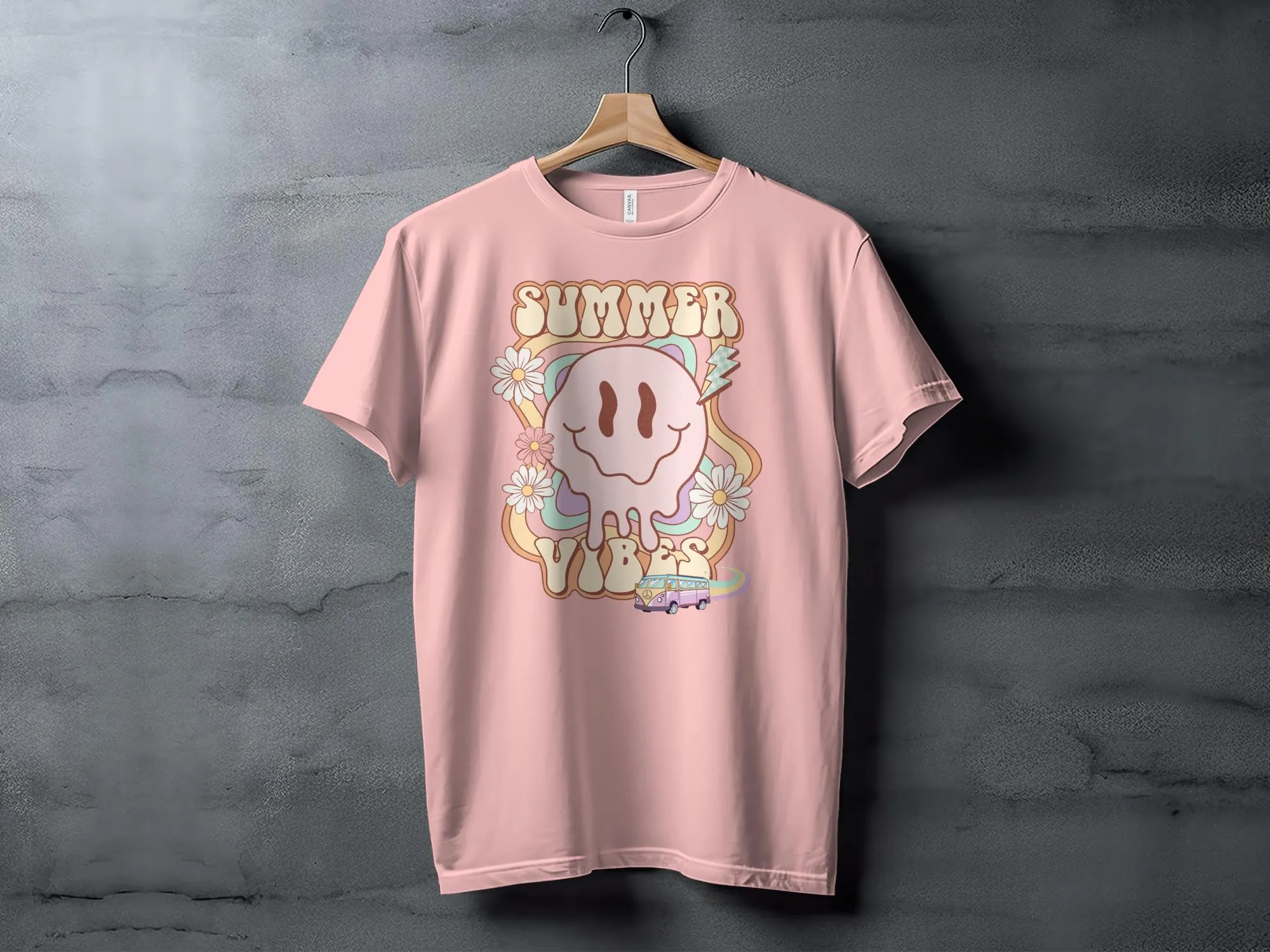 Cute Summer Vibes T-Shirt, Cartoon Sun and Flowers, Casual Beachwear Tee, Pastel Colors, Unisex Graphic Shirt, Retro Van