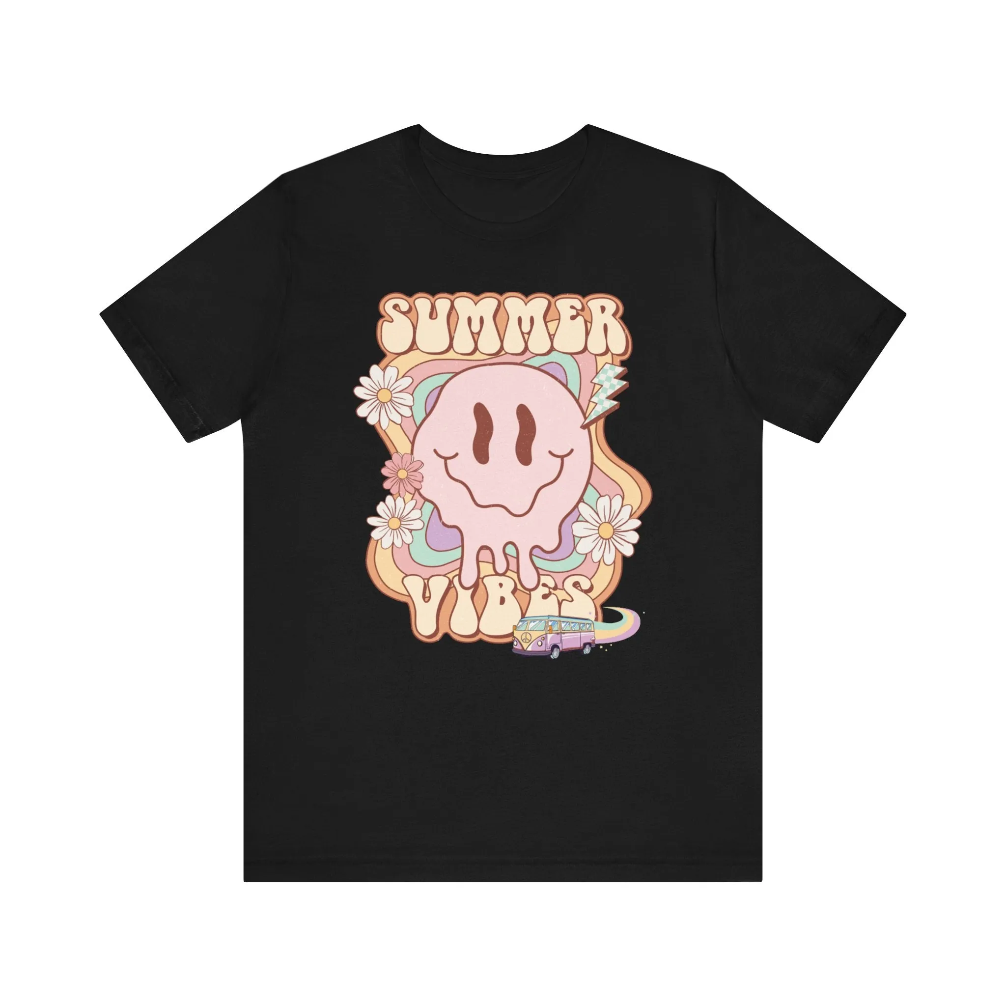 Cute Summer Vibes T-Shirt, Cartoon Sun and Flowers, Casual Beachwear Tee, Pastel Colors, Unisex Graphic Shirt, Retro Van