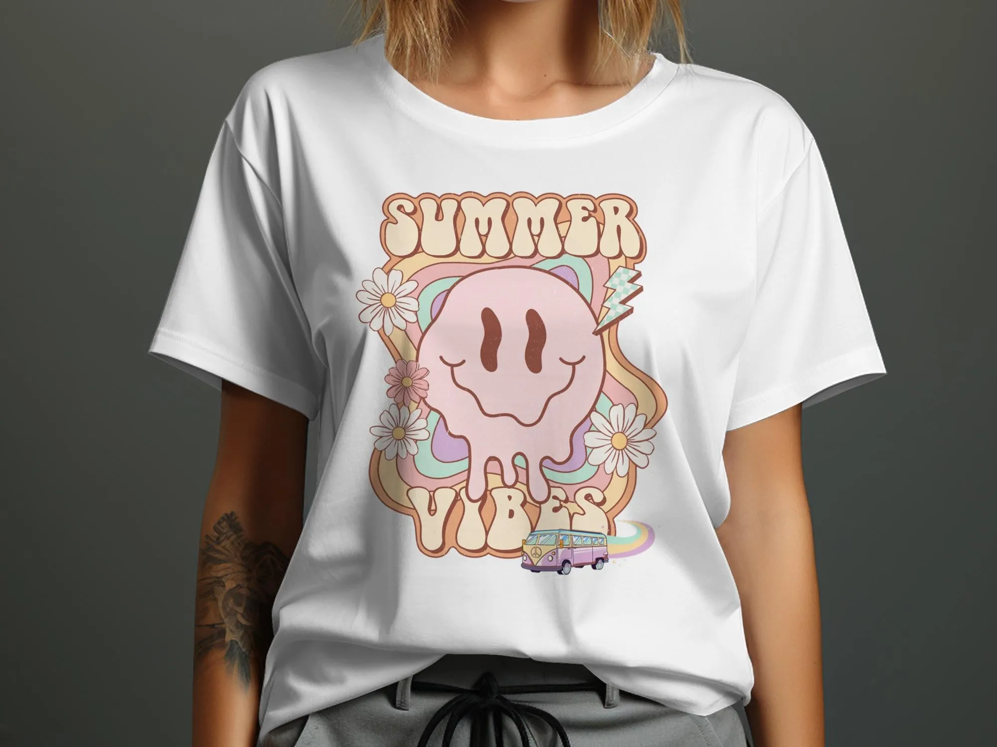 Cute Summer Vibes T-Shirt, Cartoon Sun and Flowers, Casual Beachwear Tee, Pastel Colors, Unisex Graphic Shirt, Retro Van