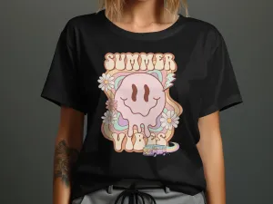 Cute Summer Vibes T-Shirt, Cartoon Sun and Flowers, Casual Beachwear Tee, Pastel Colors, Unisex Graphic Shirt, Retro Van