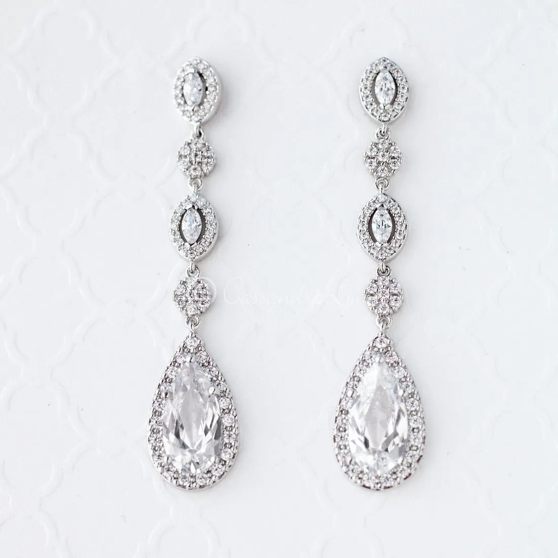 CZ Wedding Earrings of Elongated Teardrops