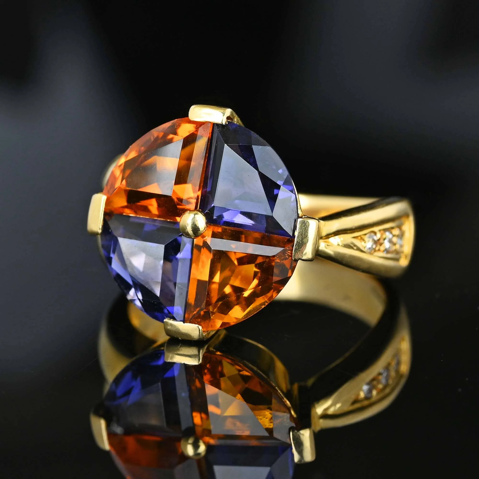 Diamond Trillion Cut Purple Iolite Citrine Ring in 14K Gold