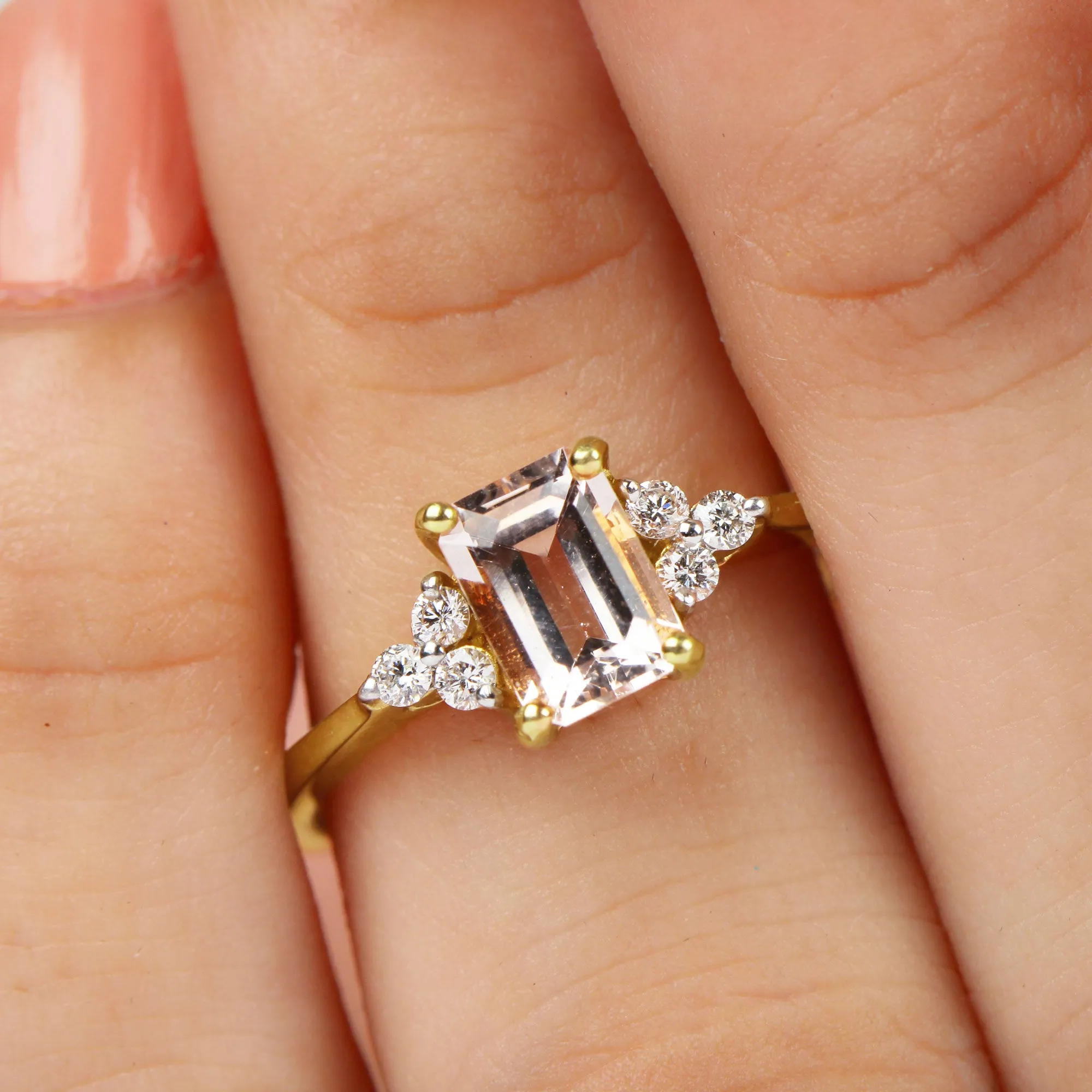 Emerald Cut Morganite Solitaire Engagement Ring with Diamond Trio