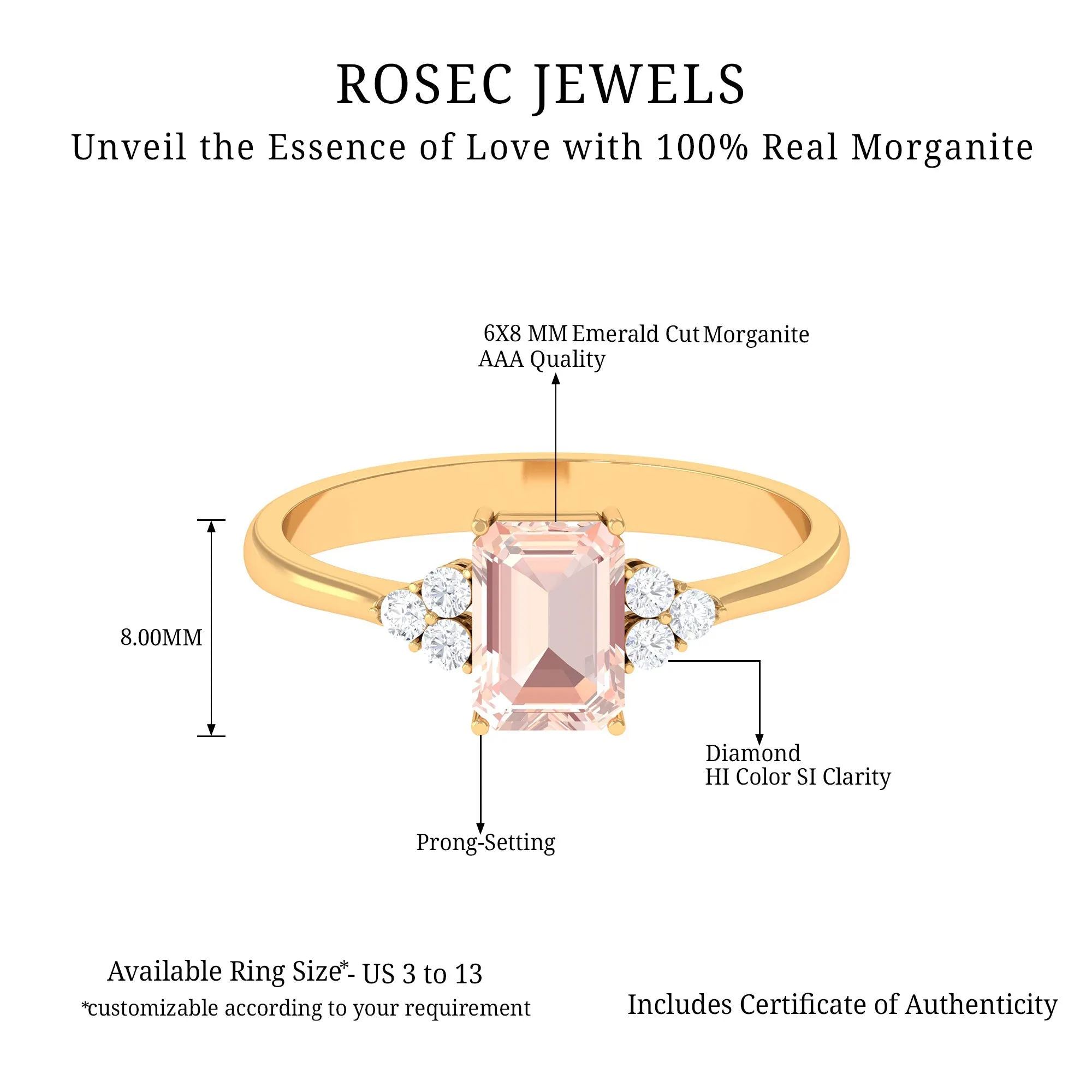 Emerald Cut Morganite Solitaire Engagement Ring with Diamond Trio