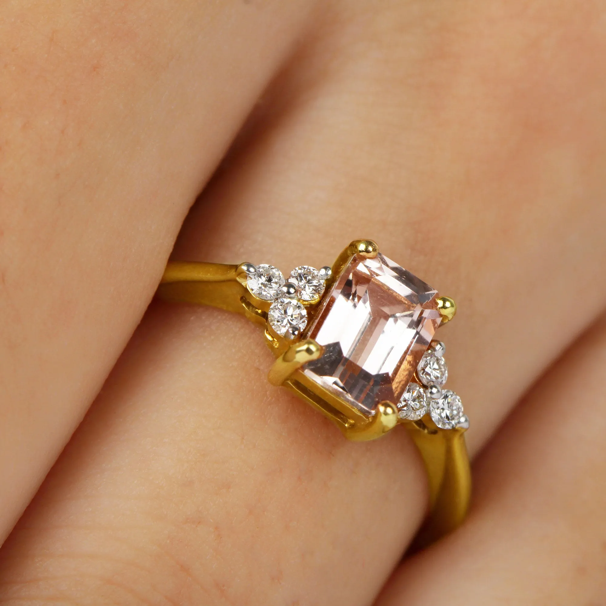 Emerald Cut Morganite Solitaire Engagement Ring with Diamond Trio