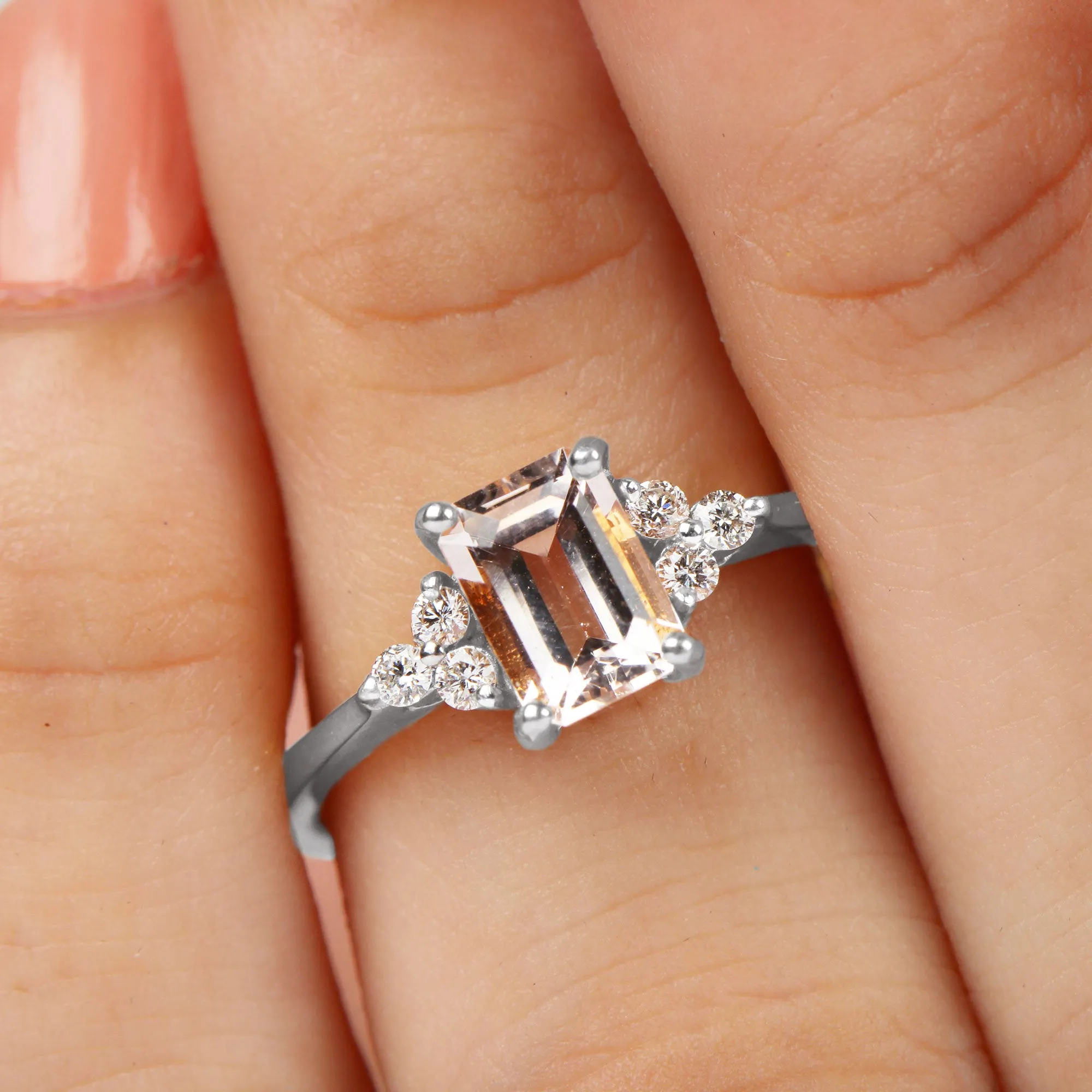 Emerald Cut Morganite Solitaire Engagement Ring with Diamond Trio