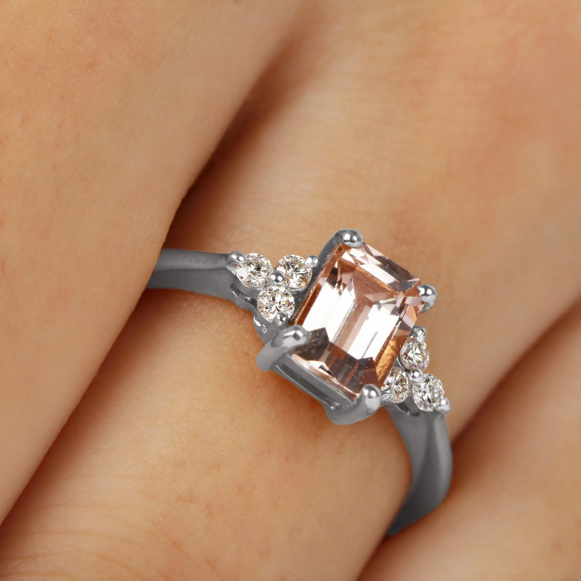 Emerald Cut Morganite Solitaire Engagement Ring with Diamond Trio