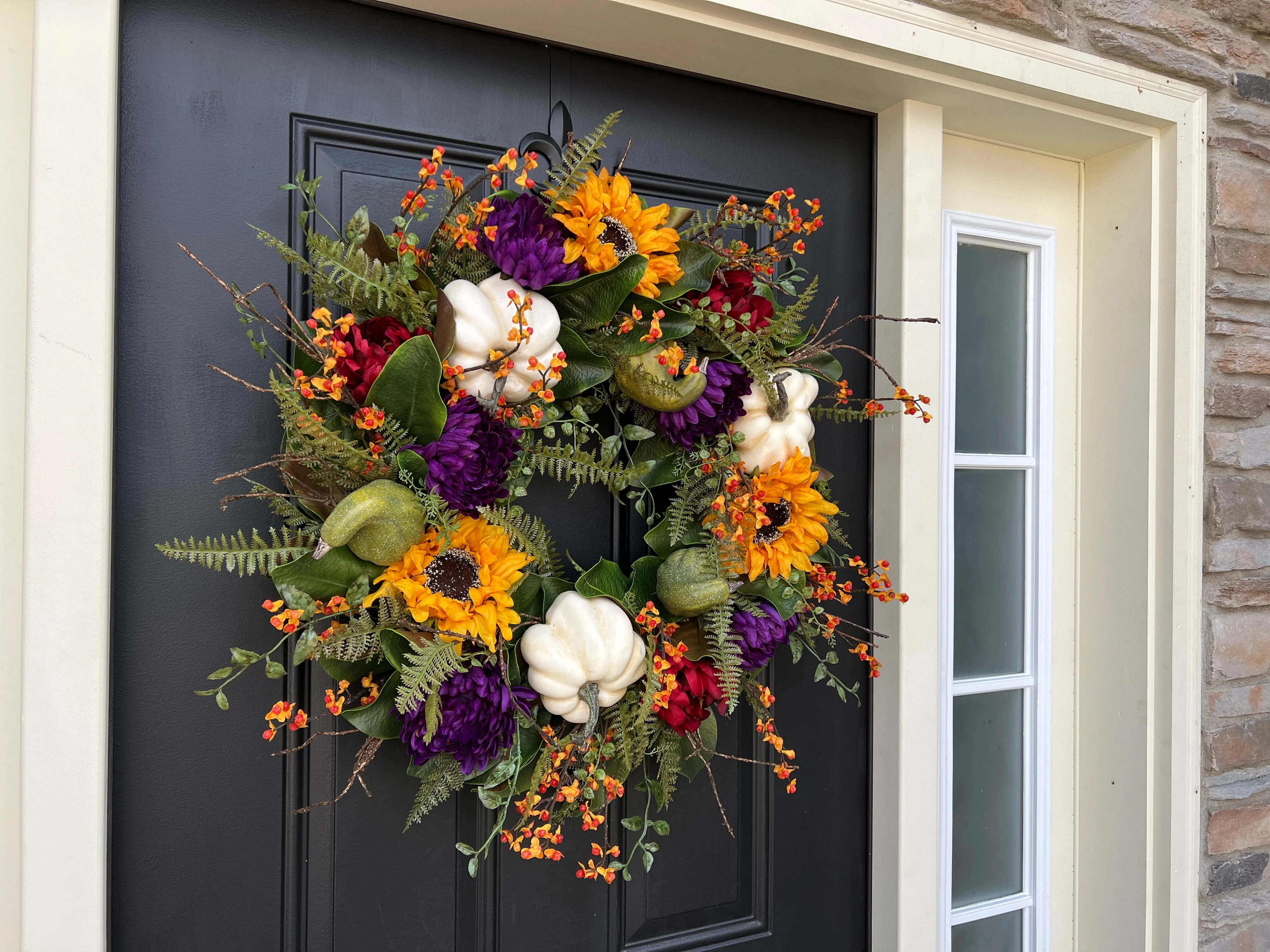 Fall Magnolia, Sunflower, and Cream Pumpkin Front Door Wreath