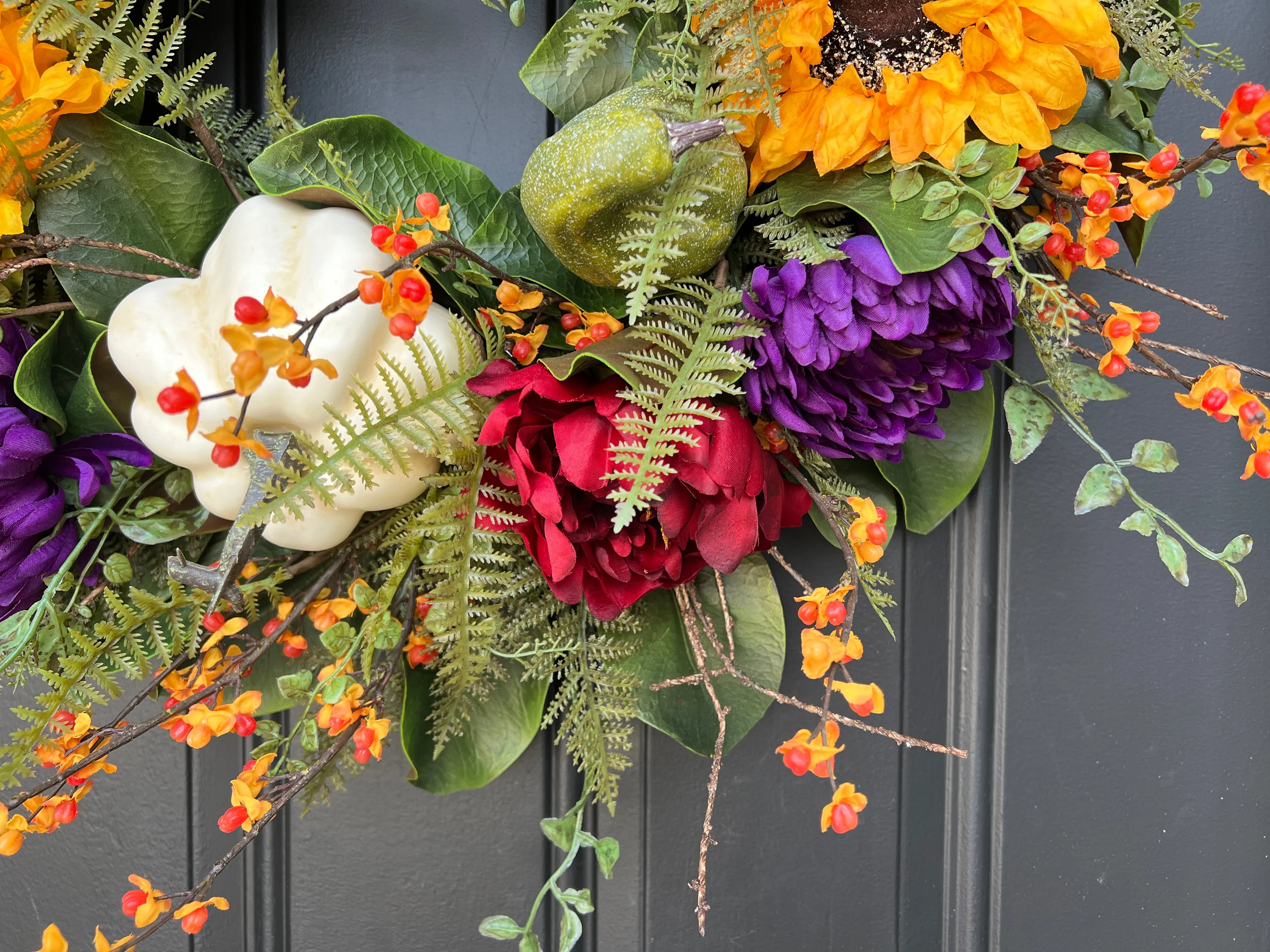 Fall Magnolia, Sunflower, and Cream Pumpkin Front Door Wreath