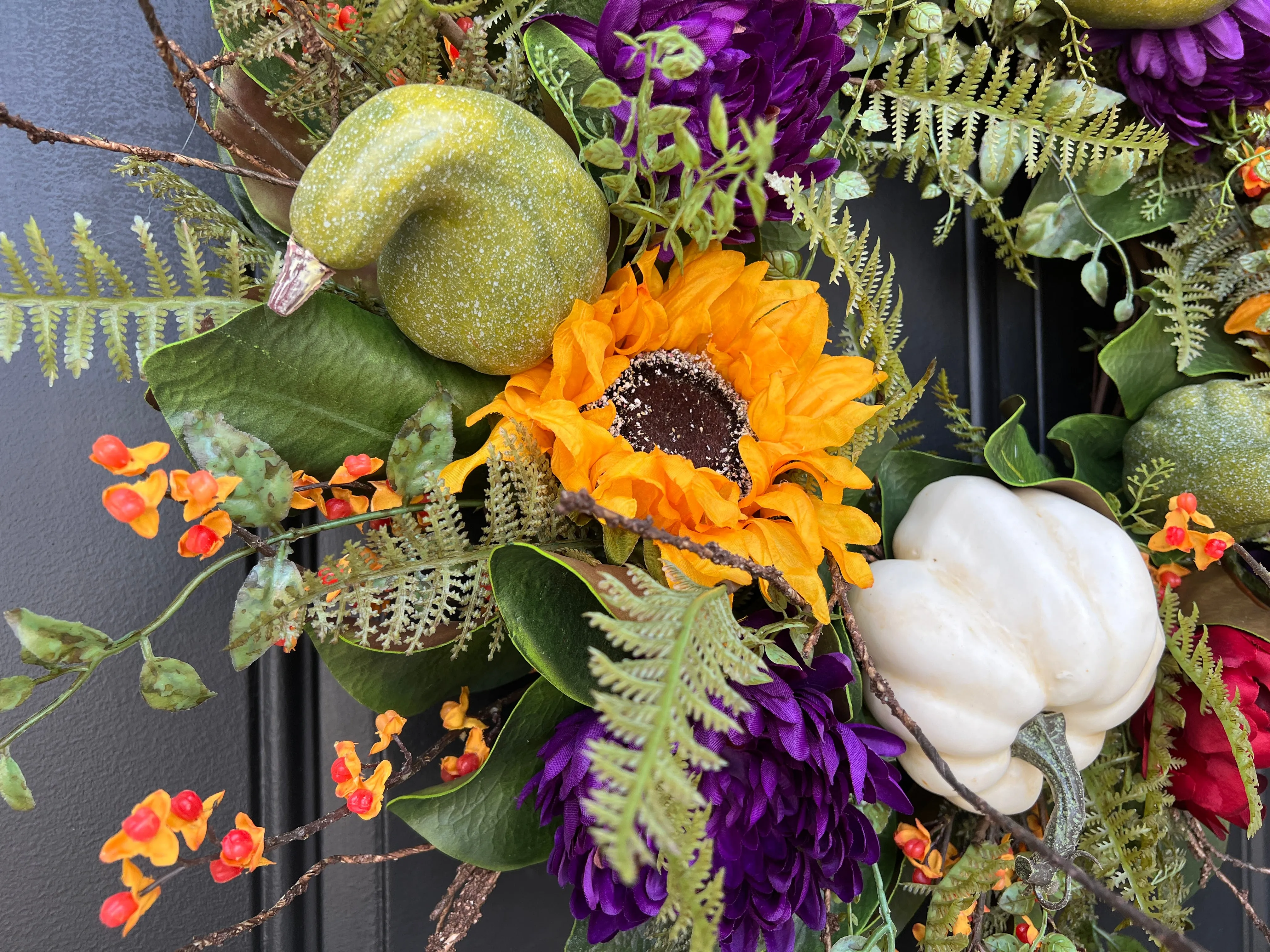 Fall Magnolia, Sunflower, and Cream Pumpkin Front Door Wreath