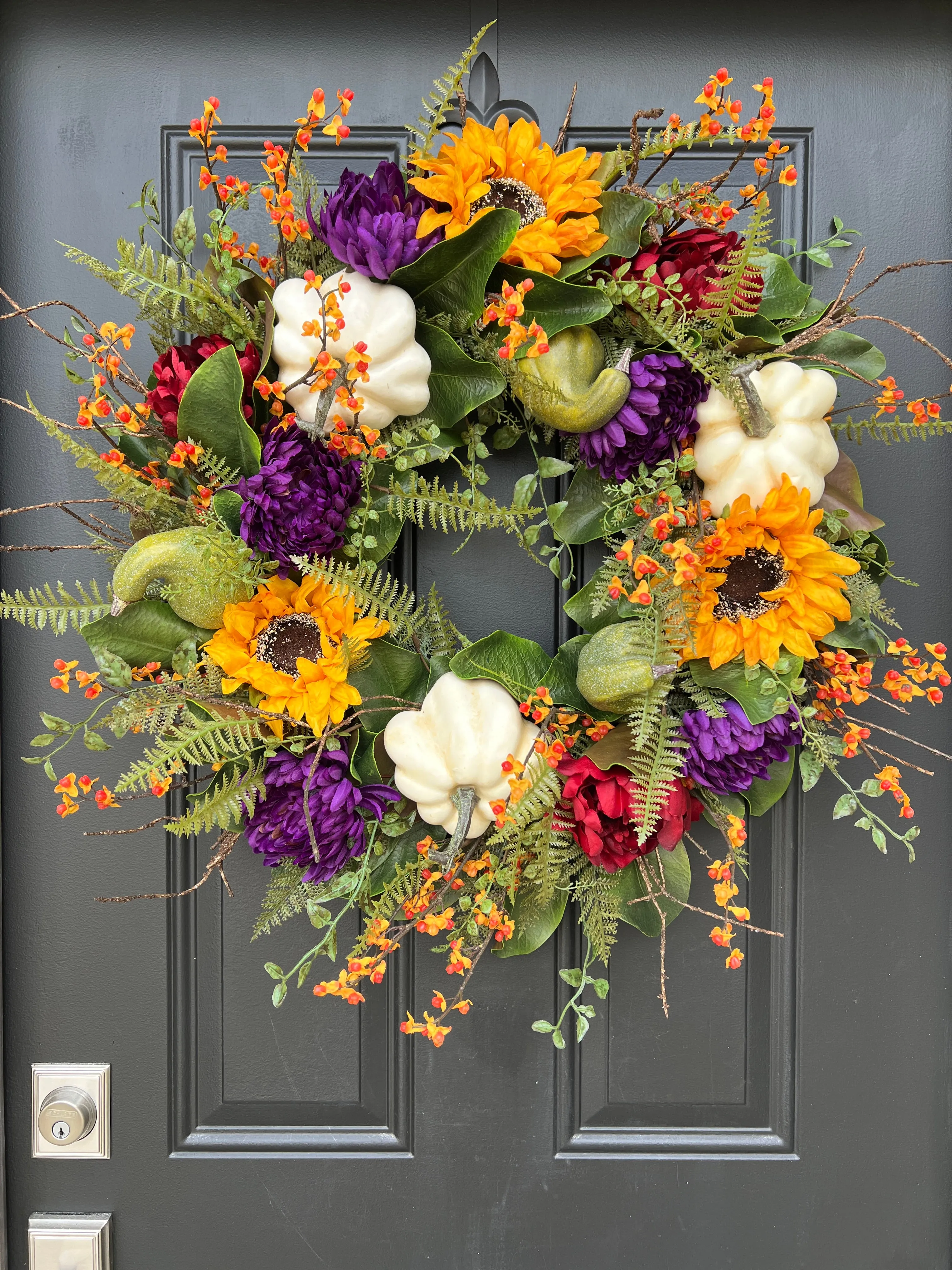 Fall Magnolia, Sunflower, and Cream Pumpkin Front Door Wreath