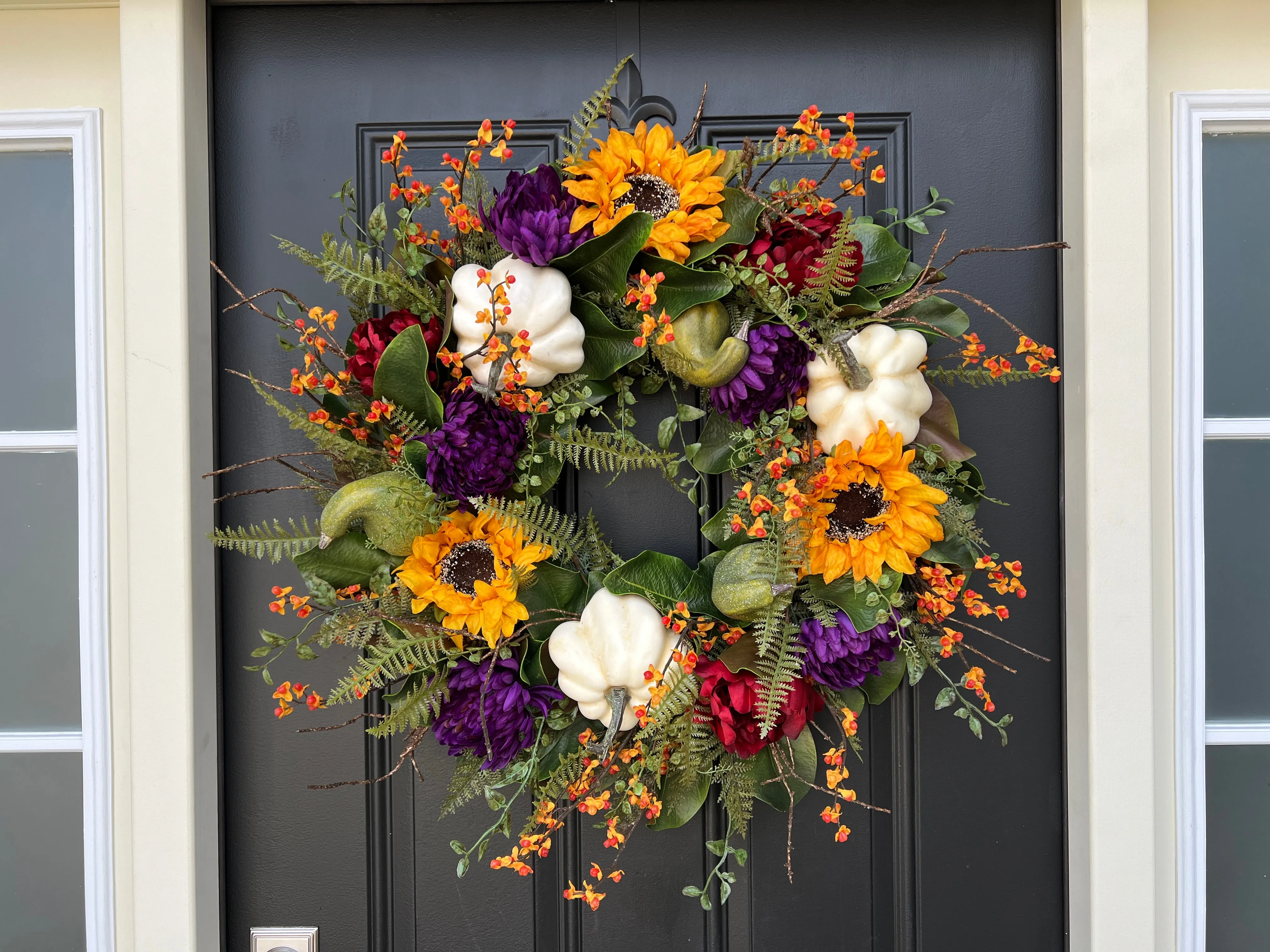 Fall Magnolia, Sunflower, and Cream Pumpkin Front Door Wreath