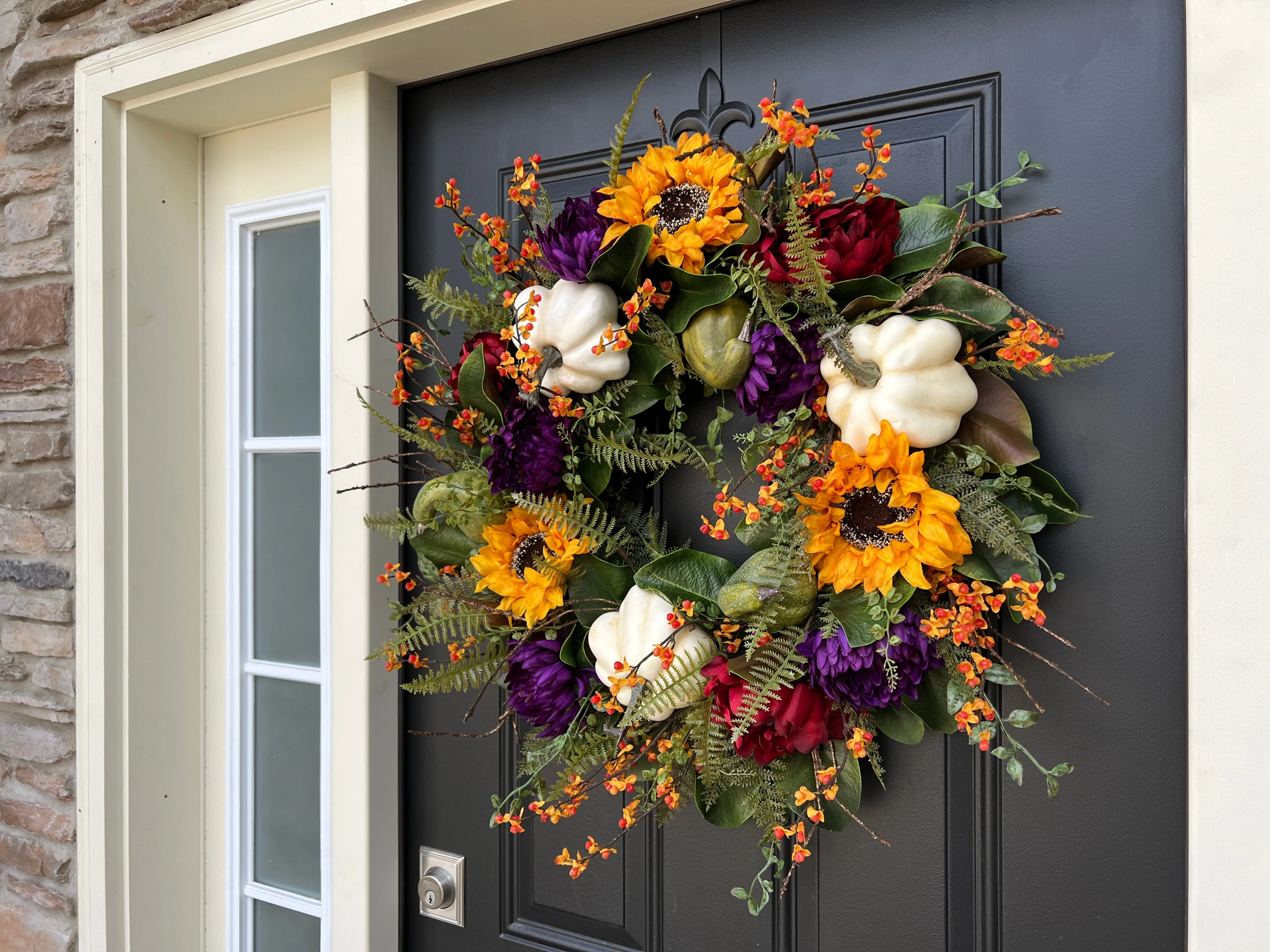 Fall Magnolia, Sunflower, and Cream Pumpkin Front Door Wreath