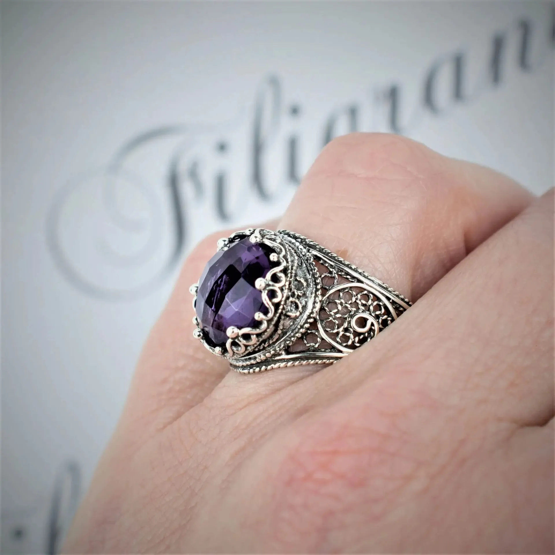 Filigree Art Amethyst Gemstone Crown Design Women Silver Statement Ring