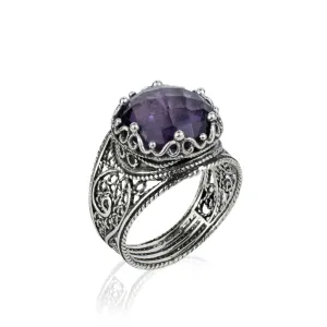 Filigree Art Amethyst Gemstone Crown Design Women Silver Statement Ring