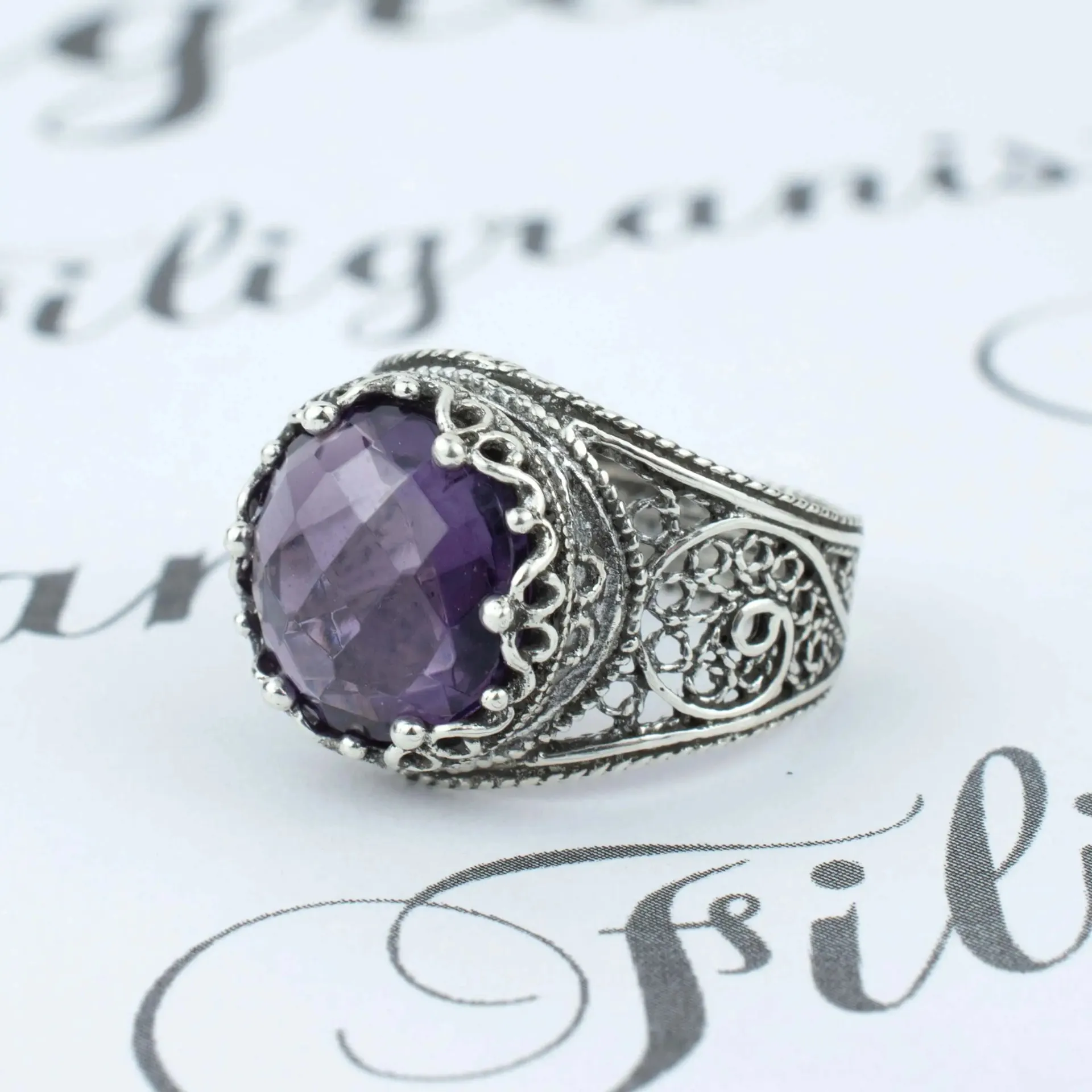 Filigree Art Amethyst Gemstone Crown Design Women Silver Statement Ring