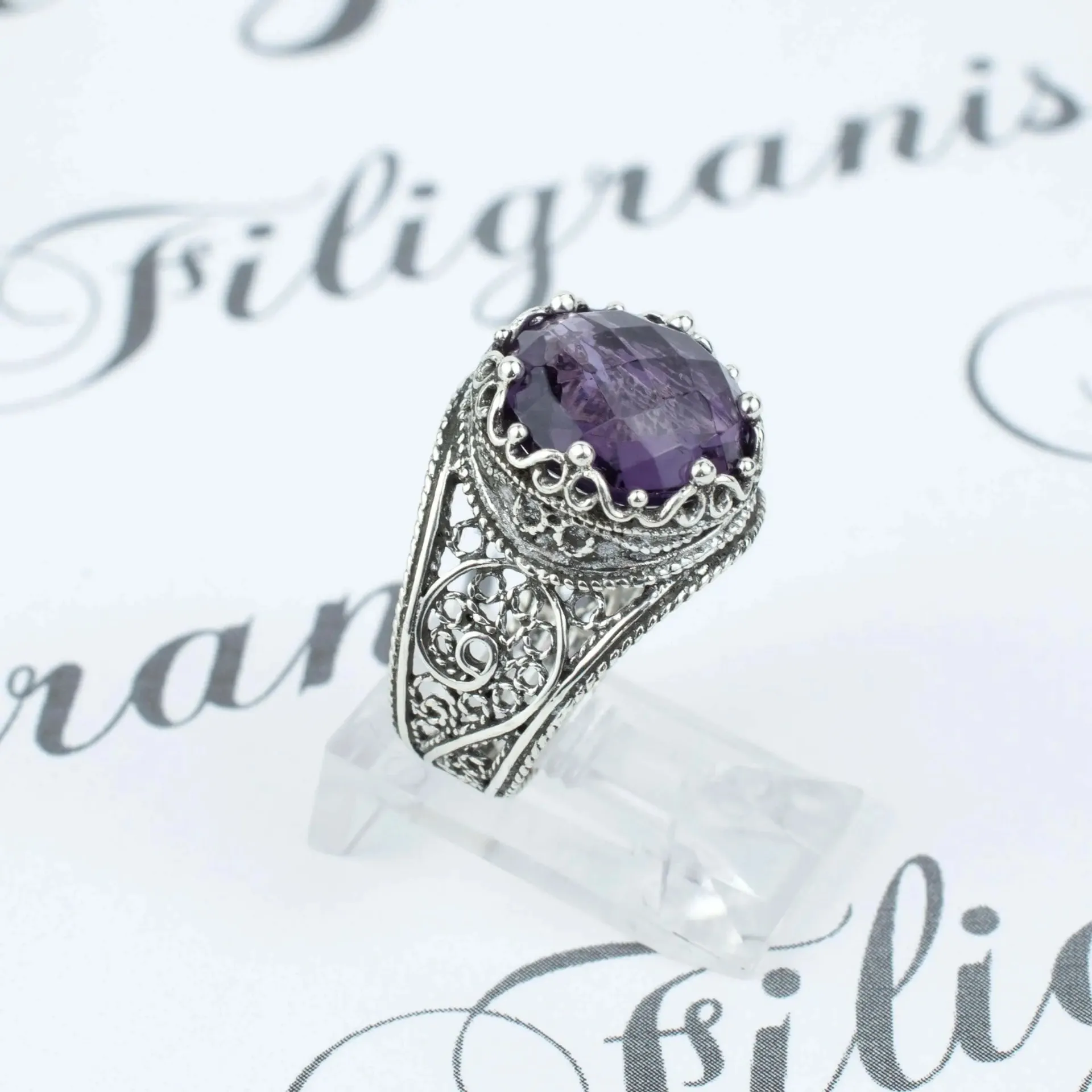 Filigree Art Amethyst Gemstone Crown Design Women Silver Statement Ring