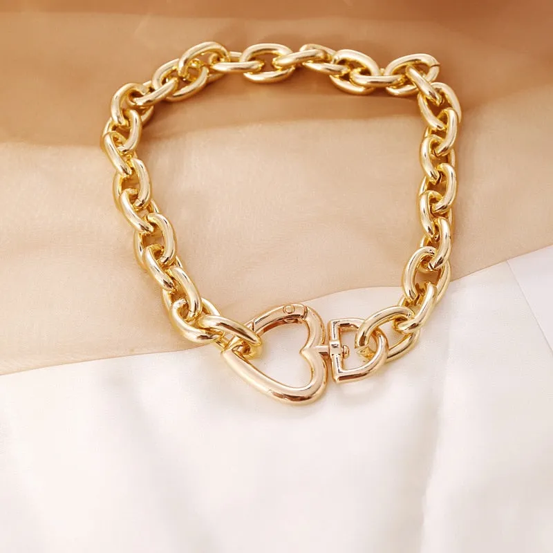 Geometric Alloy Thick Necklace Bracelet Set for Women Heart Necklace