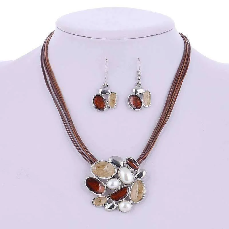 Glossy Enamel Cluster Necklace and Earrings Set - In Three Colors