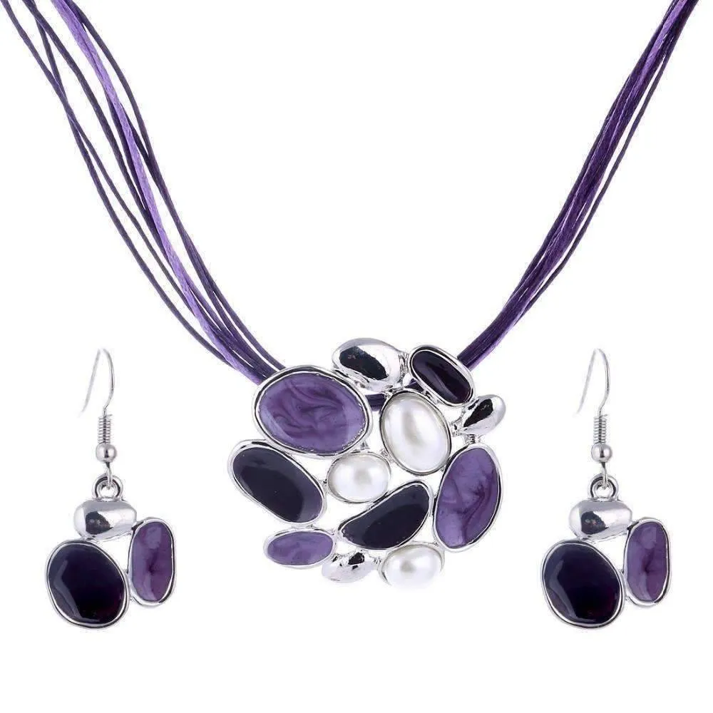 Glossy Enamel Cluster Necklace and Earrings Set - In Three Colors