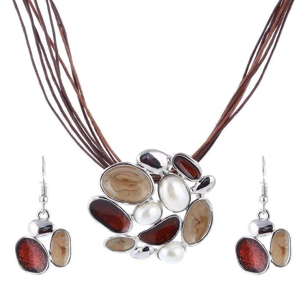 Glossy Enamel Cluster Necklace and Earrings Set - In Three Colors