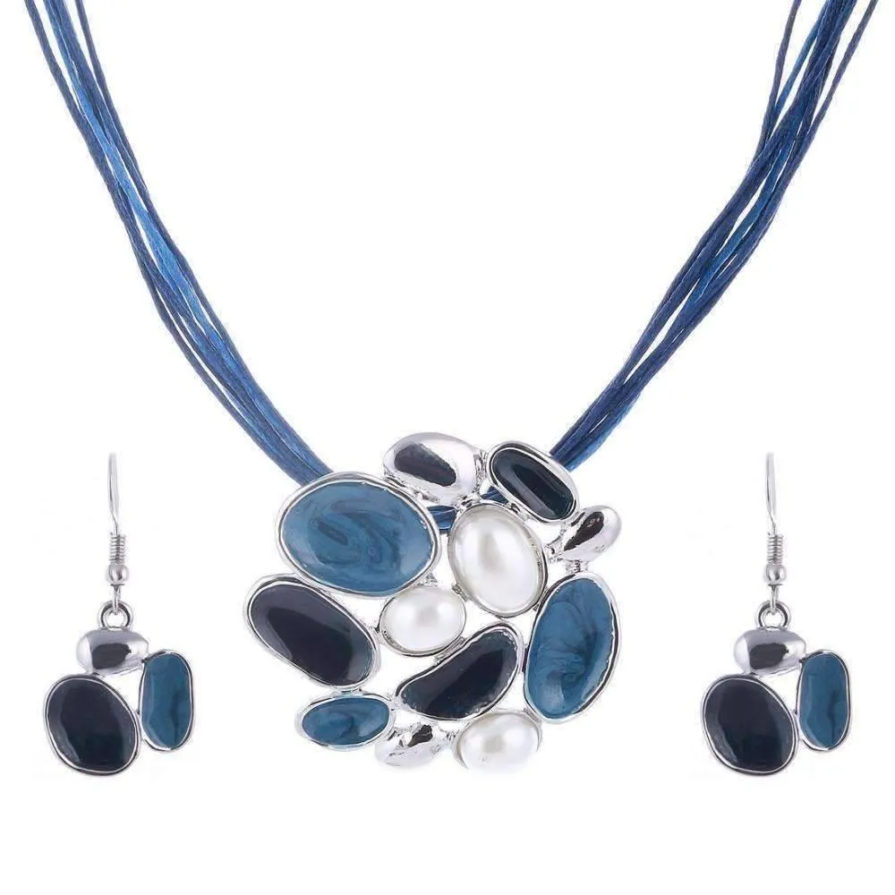 Glossy Enamel Cluster Necklace and Earrings Set - In Three Colors