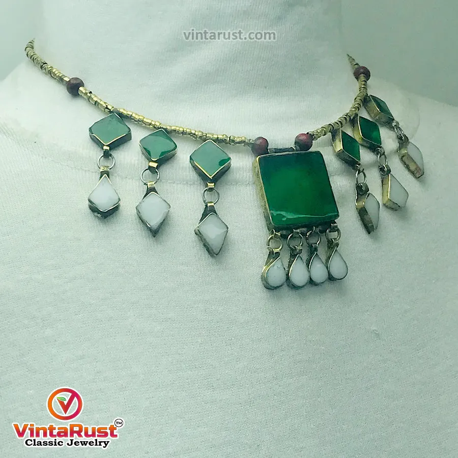 Green and White Stone Necklace