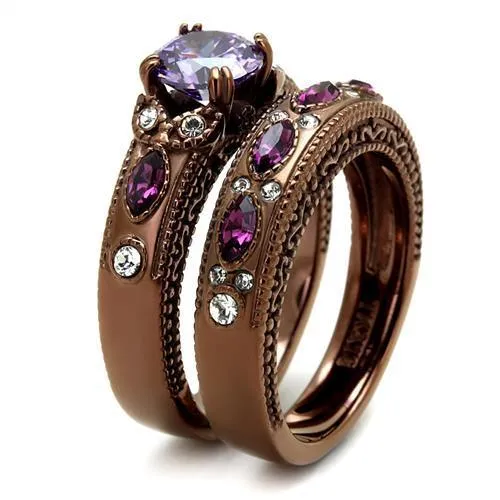 IP Coffee light Stainless Steel Ring with AAA Grade CZ in Amethyst for Women Style TK2746