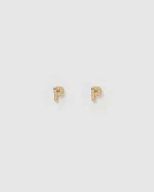 Izoa Alphabet Mini Letter P Stud Earrings Gold