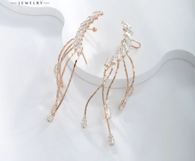 Jewelry Long Tassel Earrings Women's Light Luxury Niche Jewelry European and American Style Ear Clips and Earrings One-piece Earrings