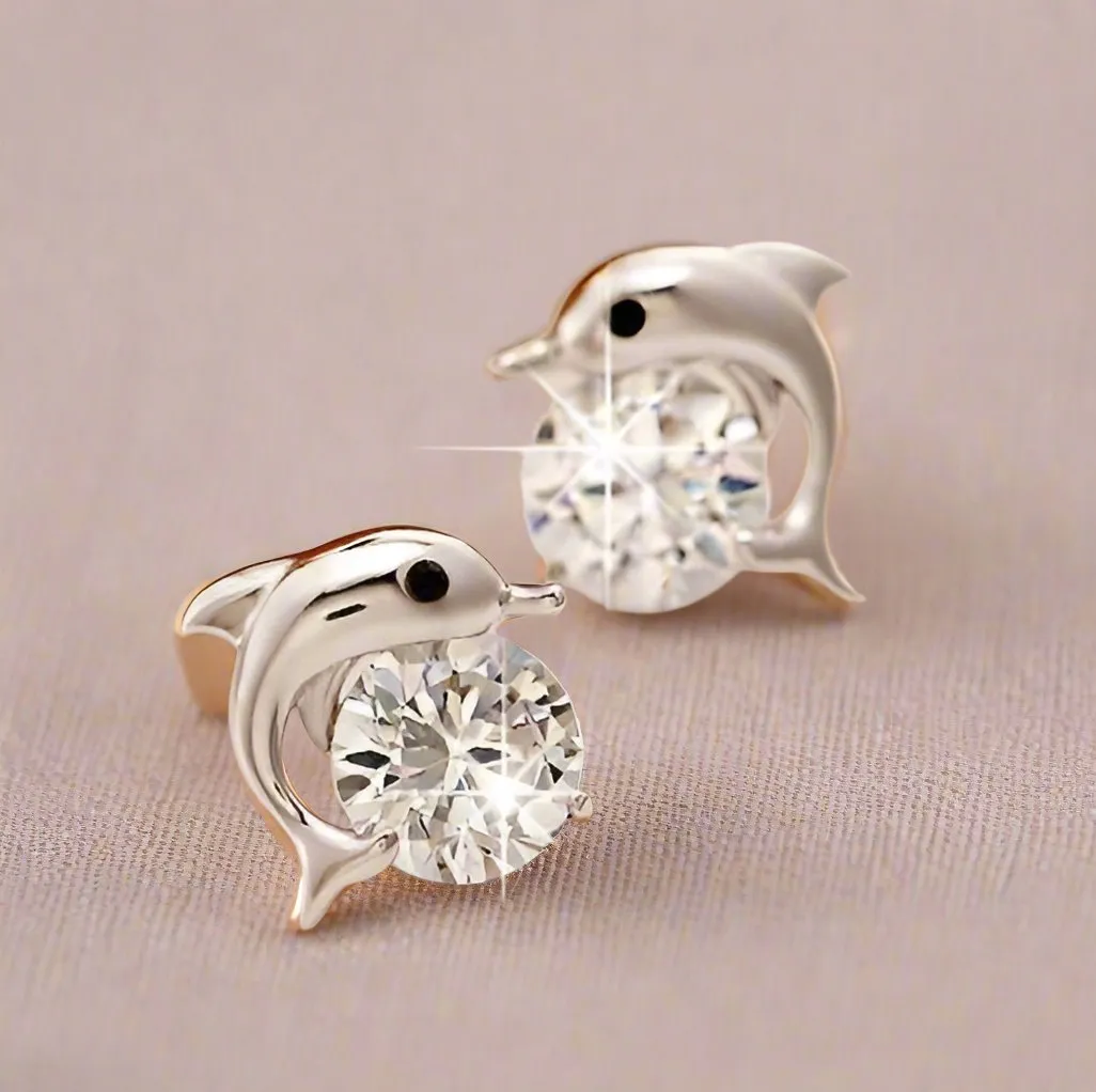 Jumping Dolphin Cz Stud Earrings for Women and Teen Any Occasion